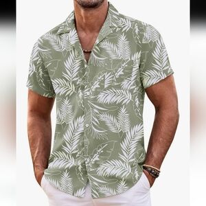 NWT Goofandy Men's Green Leaf Print Short Sleeve Button Down Shirt Small